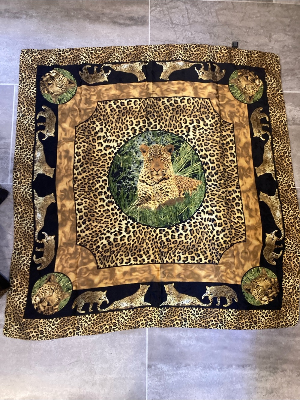 Leopard Print Animal Scarf with Central Cat Motif